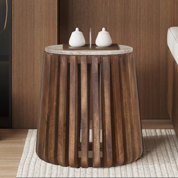 TABLE D'APPOINT 'LUUK' 40 CM BOIS DE MANGUIER AVEC TRAVERTIN ROND BEIGE