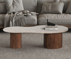 TABLE BASSE 'MARLON' 120 CM BOIS DE MANGUIER AVEC TRAVERTIN BEIGE