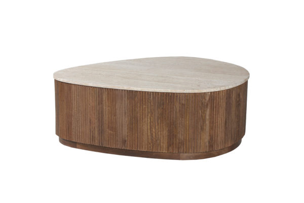 TABLE BASSE 'NOLAN' 100 CM BOIS DE MANGUIER AVEC TRAVETIN BEIGE – Image 2