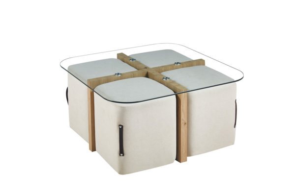 TABLE BASSE 'SHANA' AVEC 4 POUFS TISSU DÉCOR CHÊNE VIEILLI – Image 2