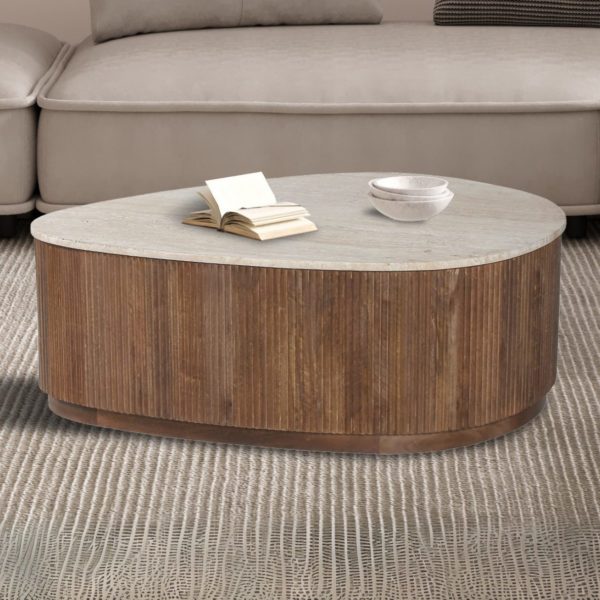 TABLE BASSE 'NOLAN' 100 CM BOIS DE MANGUIER AVEC TRAVETIN BEIGE