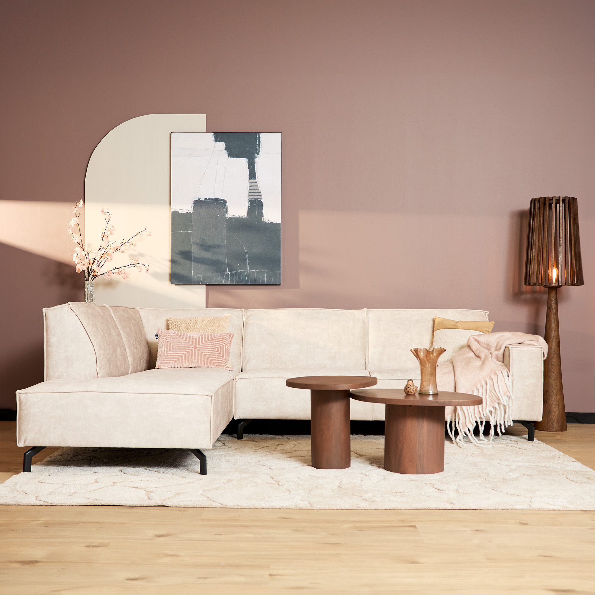 Canapé MySofa Floris | méridienne gauche + 2,5 places | velours beige