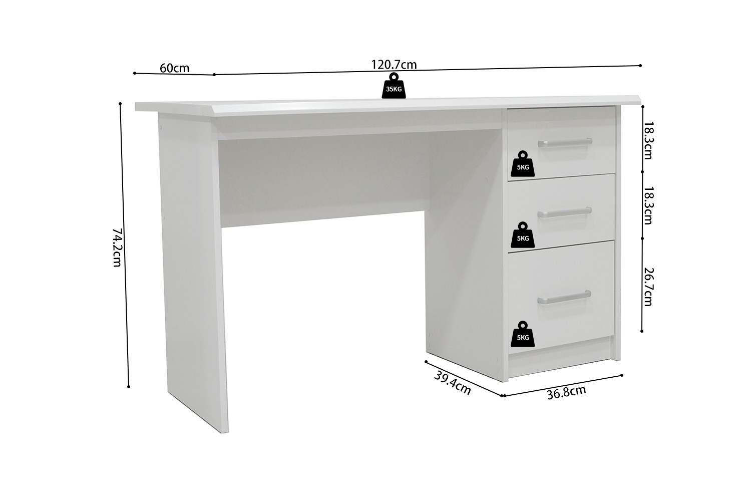 Bureau 'Mateo' 3 tiroirs Blanc – Image 8