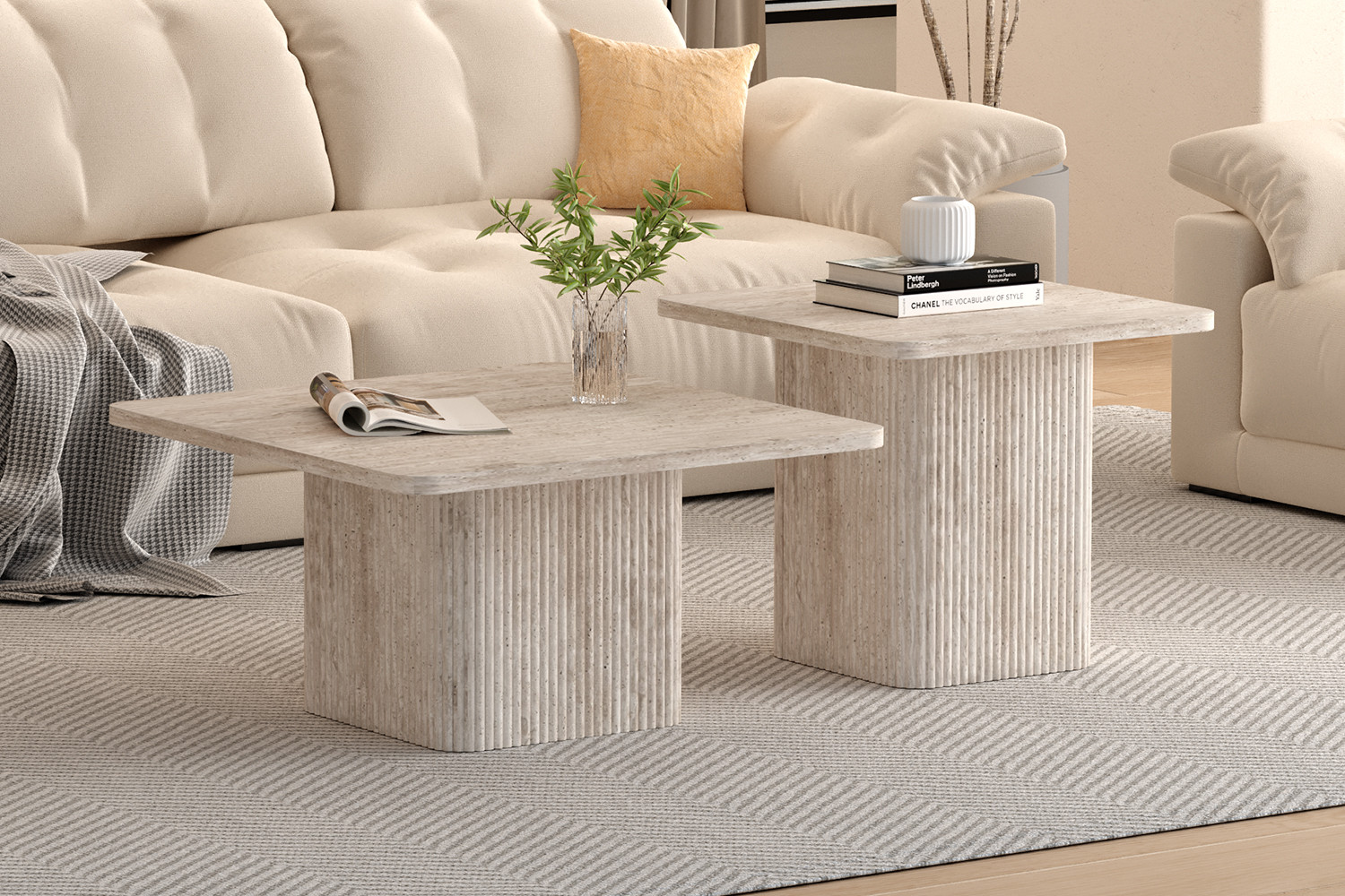 Set de 2 Table basses 'Bobby' Décor travertin Beige