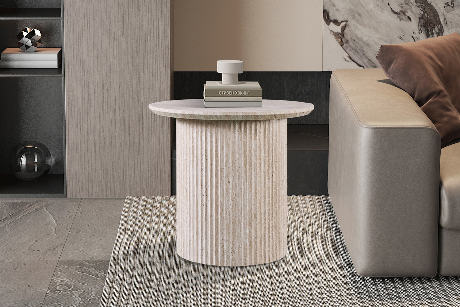 Table basse 'Lagos' 50 cm Ronde Décor Travertin Beige