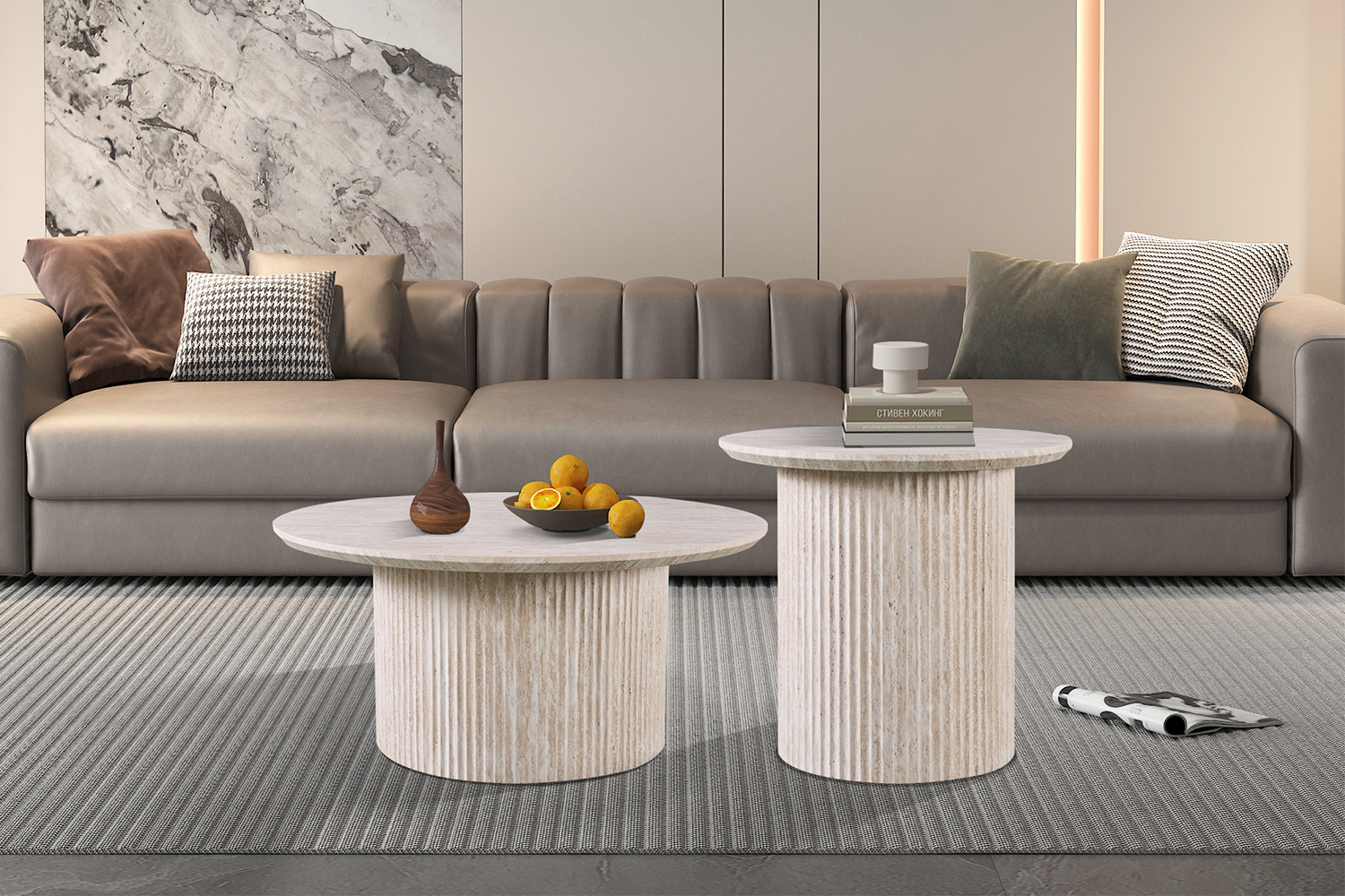 Table basse 'Lagos' 50 cm Ronde Décor Travertin Beige – Image 2