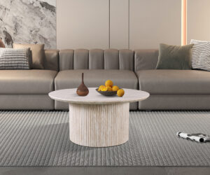 Table basse 'Lagos' 80 cm Ronde Décor Travertin Beige