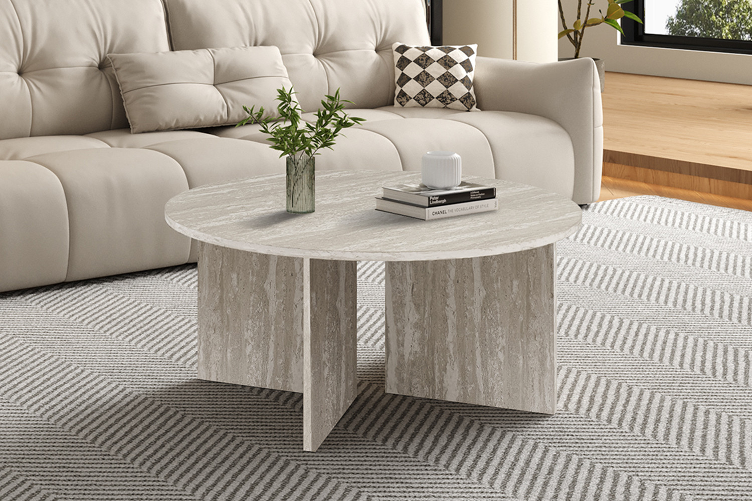 Table basses 'Drasir' Ronde Décor Travertin Gris