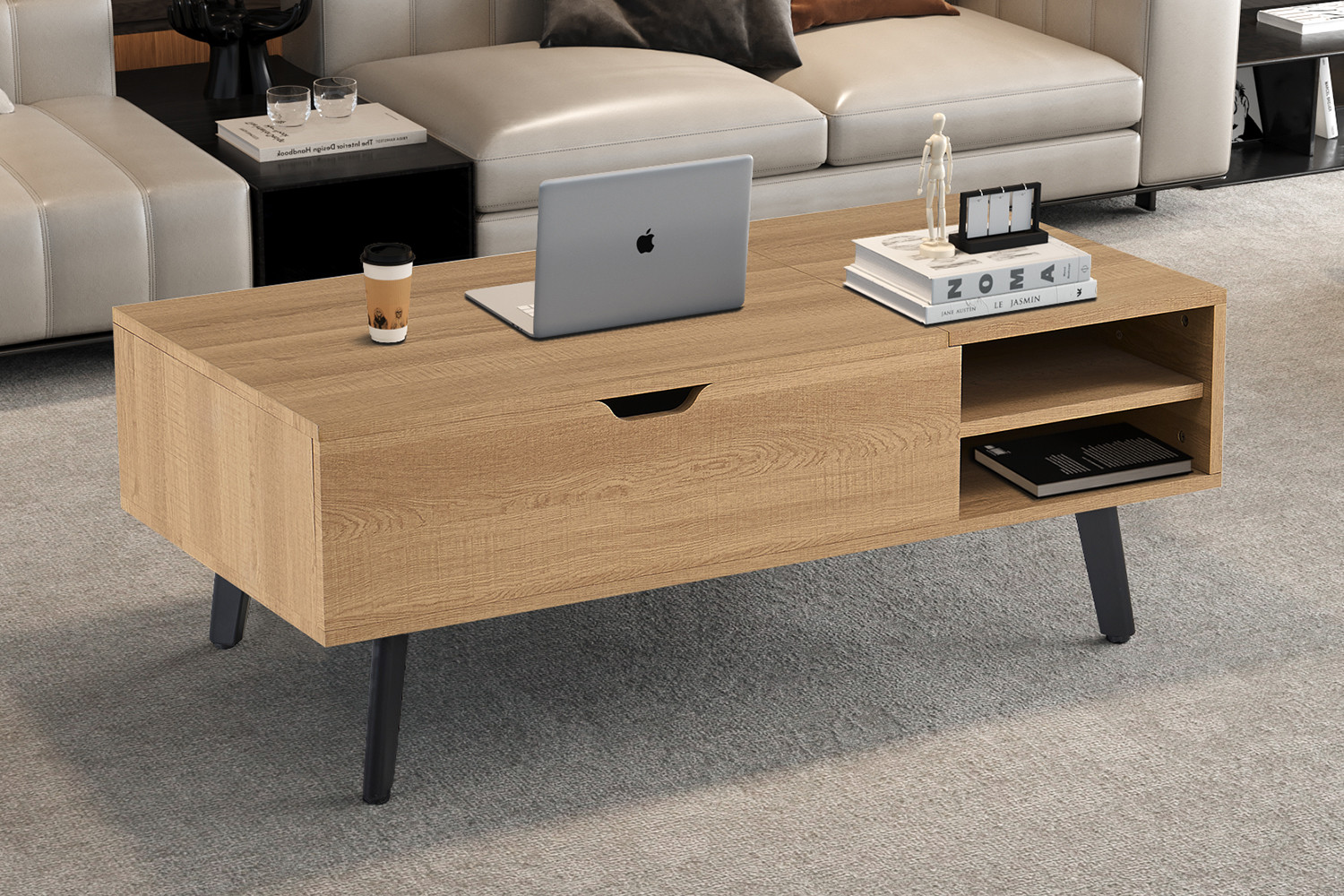 Table basse 'Justine' Plateau relevable Décor Chêne Naturel