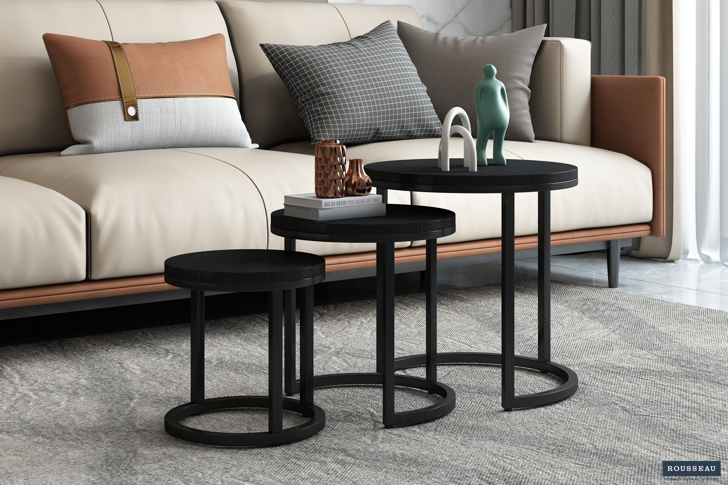Table d'appoint 'Plano' set de 3 Bois de Manguier noir