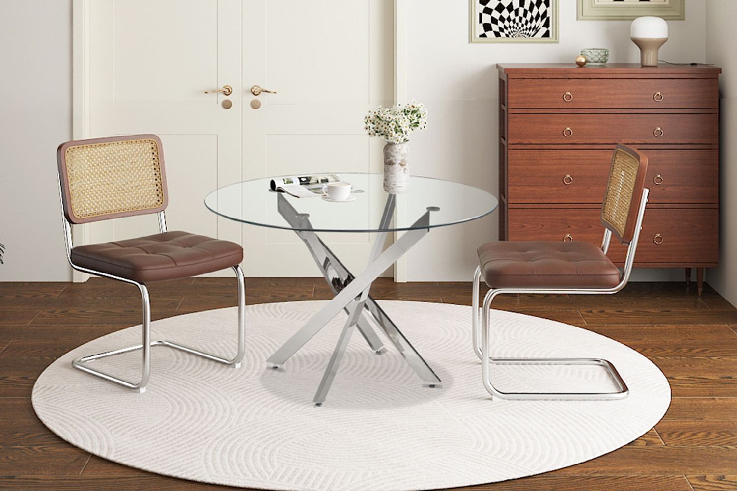 Table 'Lasi' 120 cm Ronde Verre, Pieds chromés