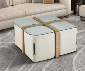 Table basse 'Shana' avec 4 poufs tissu Décor Chêne vieilli