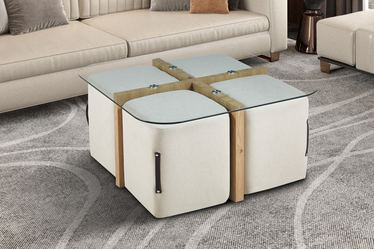 Table basse 'Shana' avec 4 poufs tissu Décor Chêne vieilli