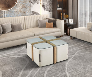 Alternative view of Table basse 'Shana' avec 4 poufs tissu Décor Chêne vieilli