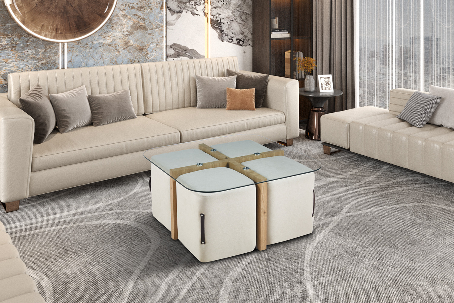 Table basse 'Shana' avec 4 poufs tissu Décor Chêne vieilli – Image 2