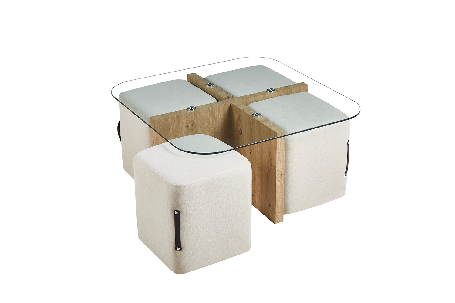 Table basse 'Shana' avec 4 poufs tissu Décor Chêne vieilli – Image 5