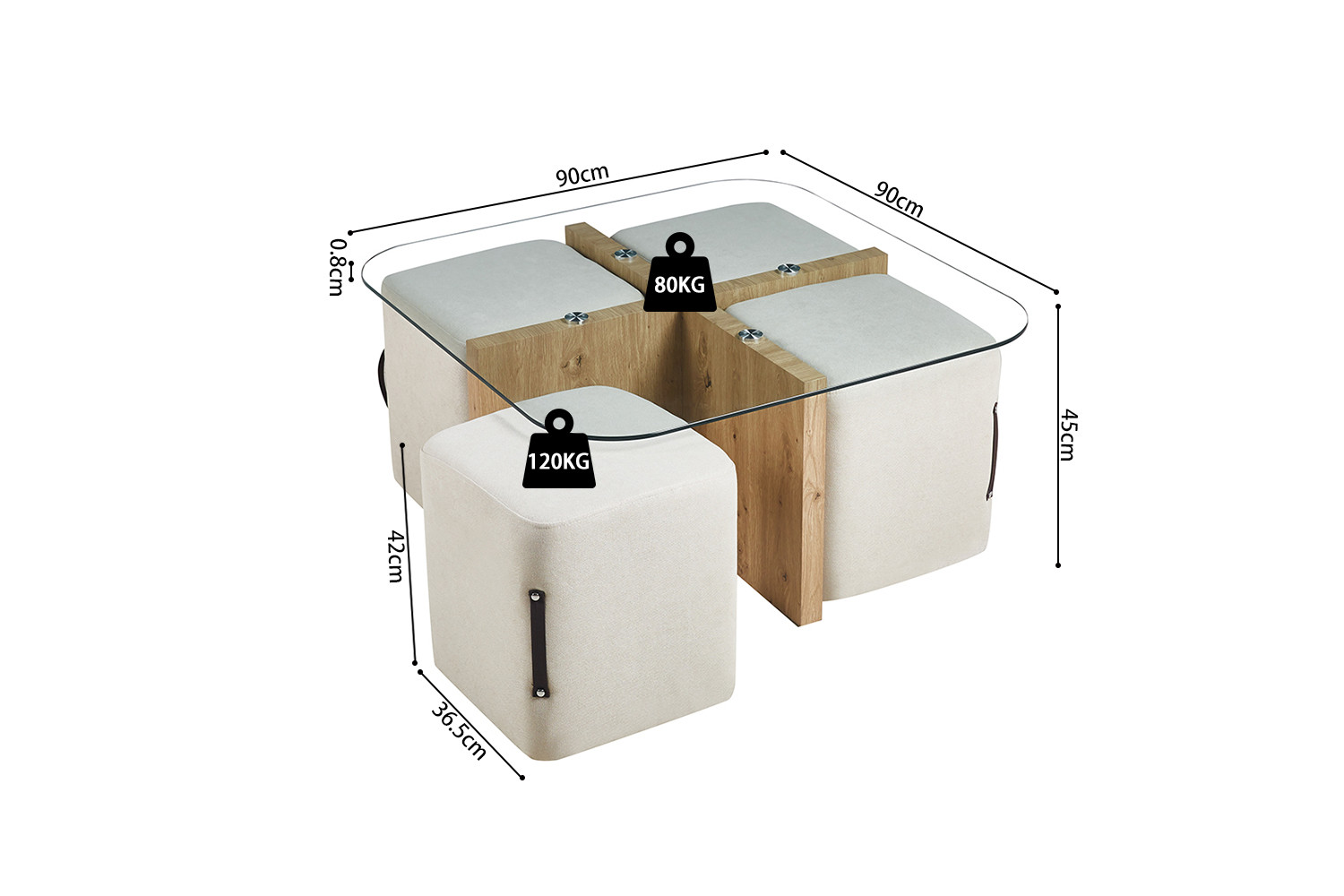 Table basse 'Shana' avec 4 poufs tissu Décor Chêne vieilli – Image 8