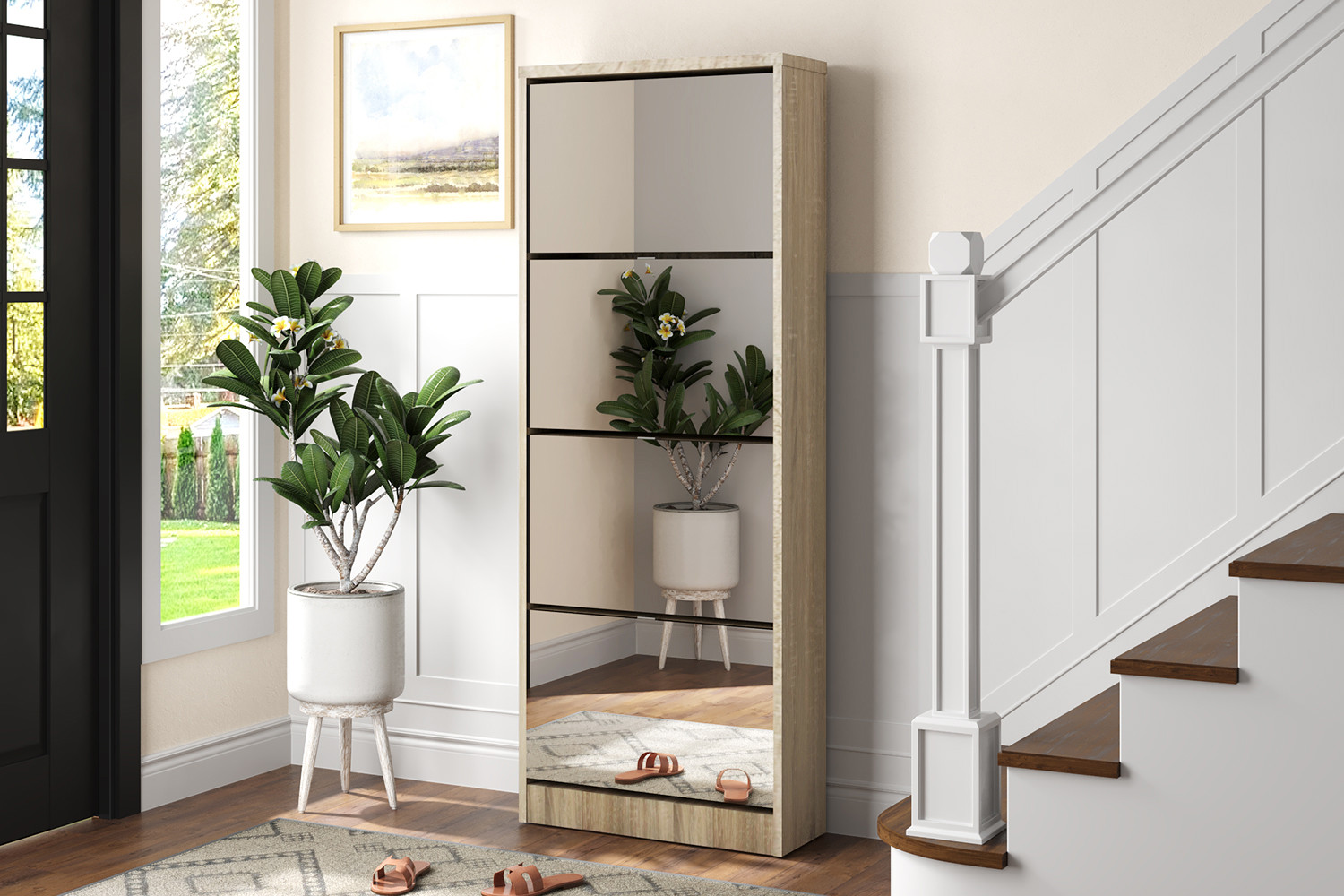 Rangement chaus. 'Mex' Mirroir 4 tiroirs Décor Sonoma