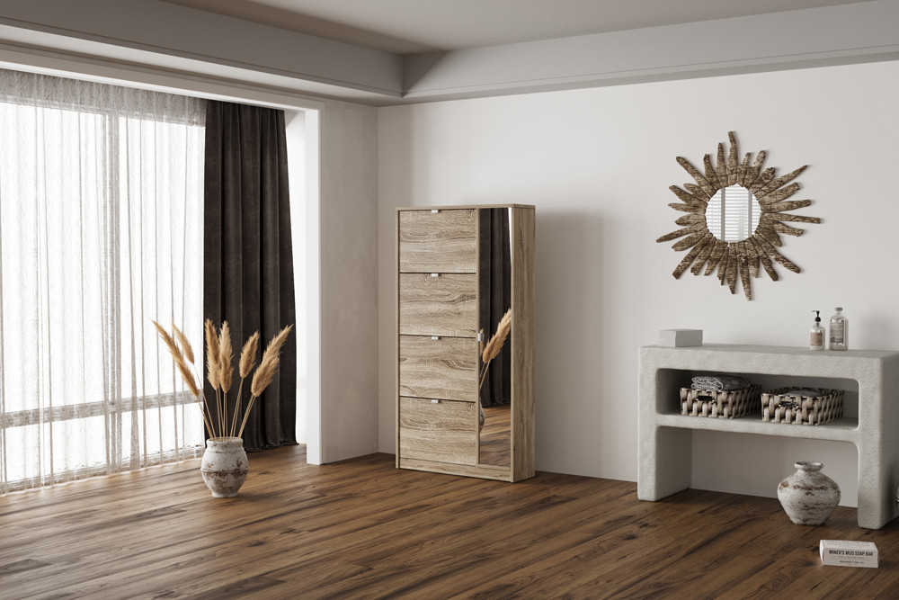 Rangement chaus. 'Marcel' 4 tiroirs et 1 porte miroir Décor Sonoma – Image 2