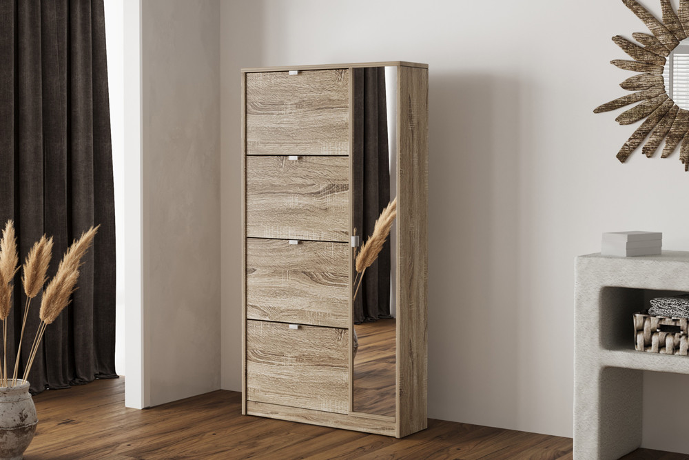 Rangement chaus. 'Marcel' 4 tiroirs et 1 porte miroir Décor Sonoma