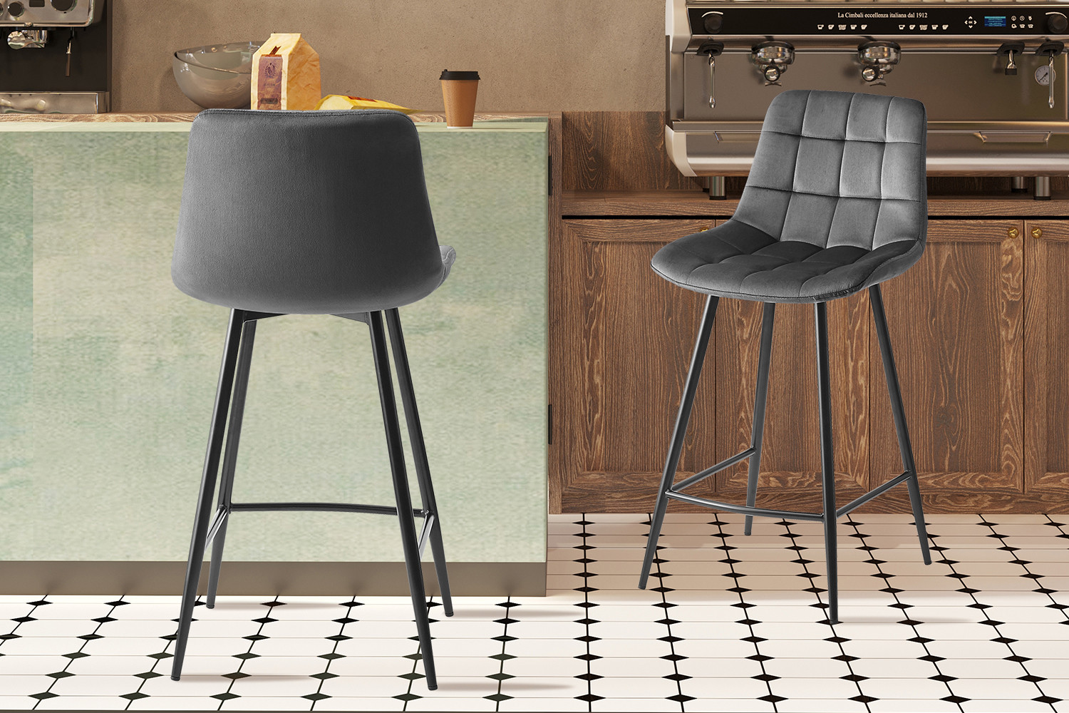 Chaise de comptoir 'Juta' Velours Gris foncé