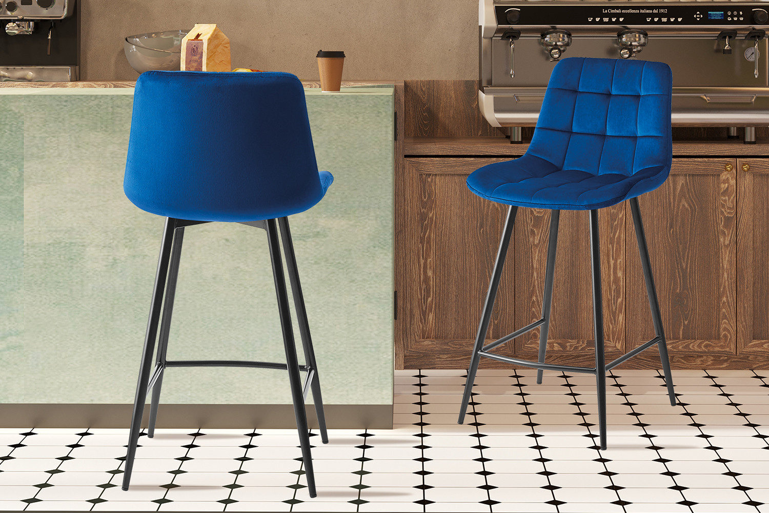Chaise de comptoir 'Juta' Velours Bleu