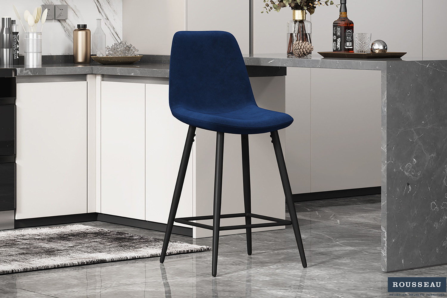 Chaise de Comptoir 'Boy' Velours Bleu foncé