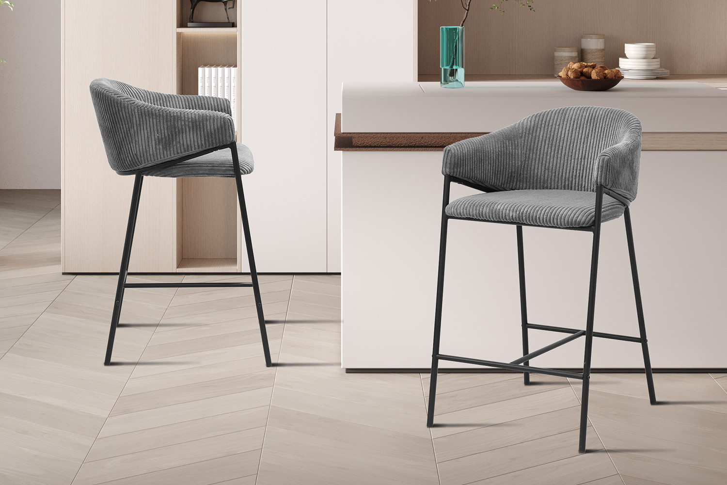 Chaise de comptoir 'Hugo' Corduroy Gris foncé