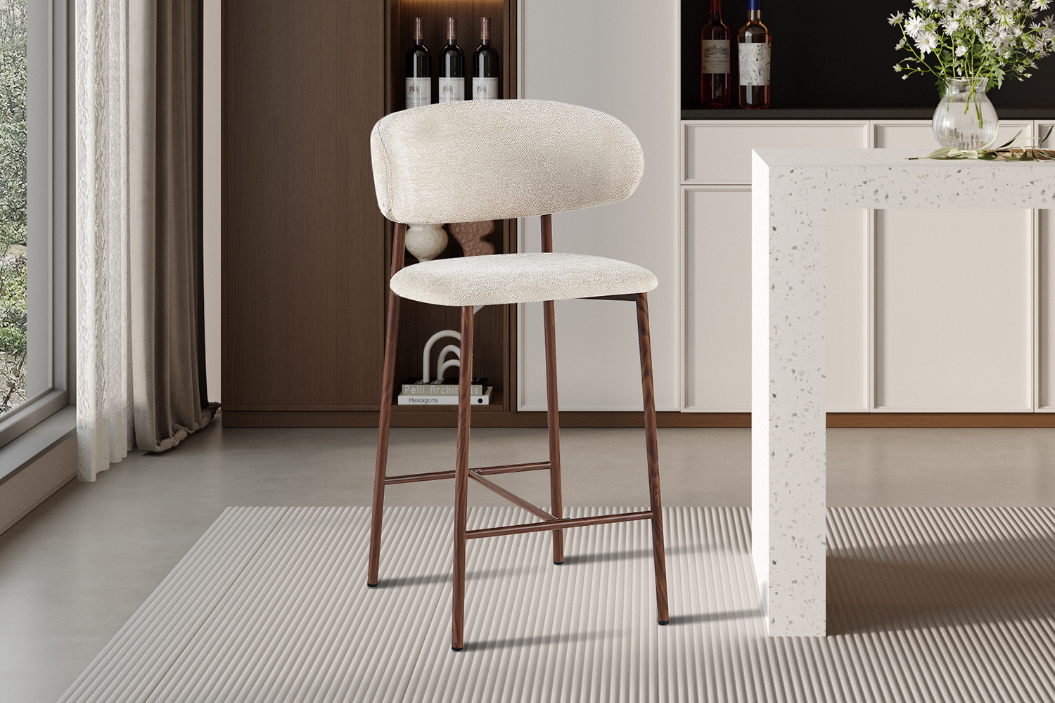 Chaise de comptoir 'Coco' Noyer - Tissu Raven 24 Beige – Image 2