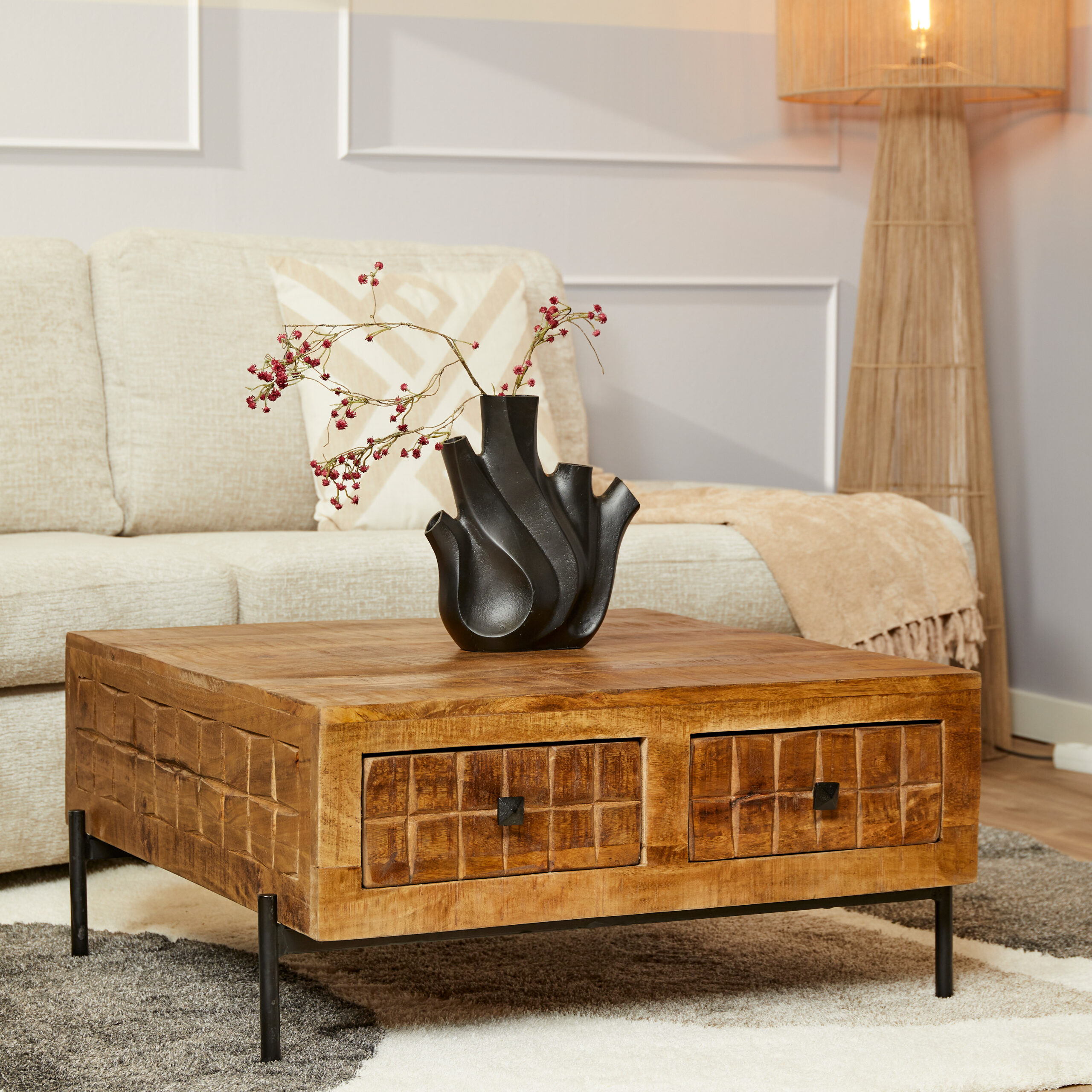 Table basse carrée Brandy en bois de manguier naturel – 80 cm