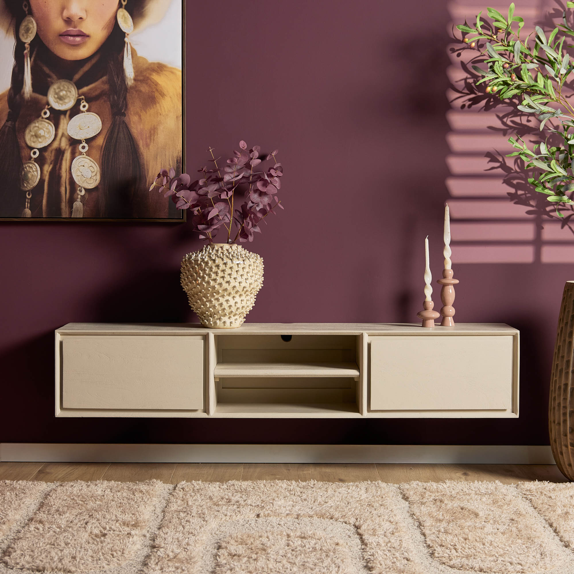 Meuble TV suspendu Ambiance en bois de manguier finition sable – 160 cm