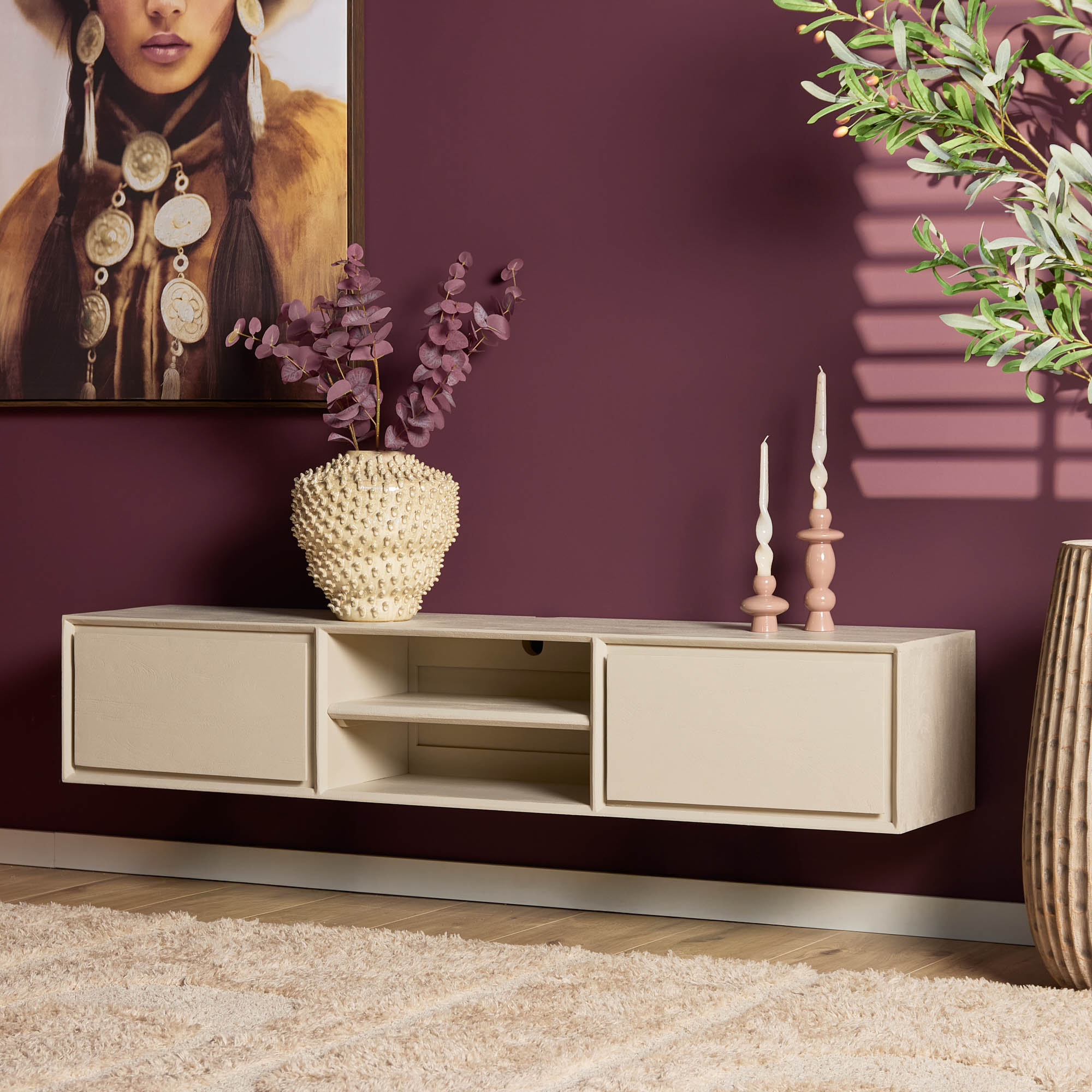 Meuble TV suspendu Ambiance en bois de manguier finition sable – 160 cm – Image 2