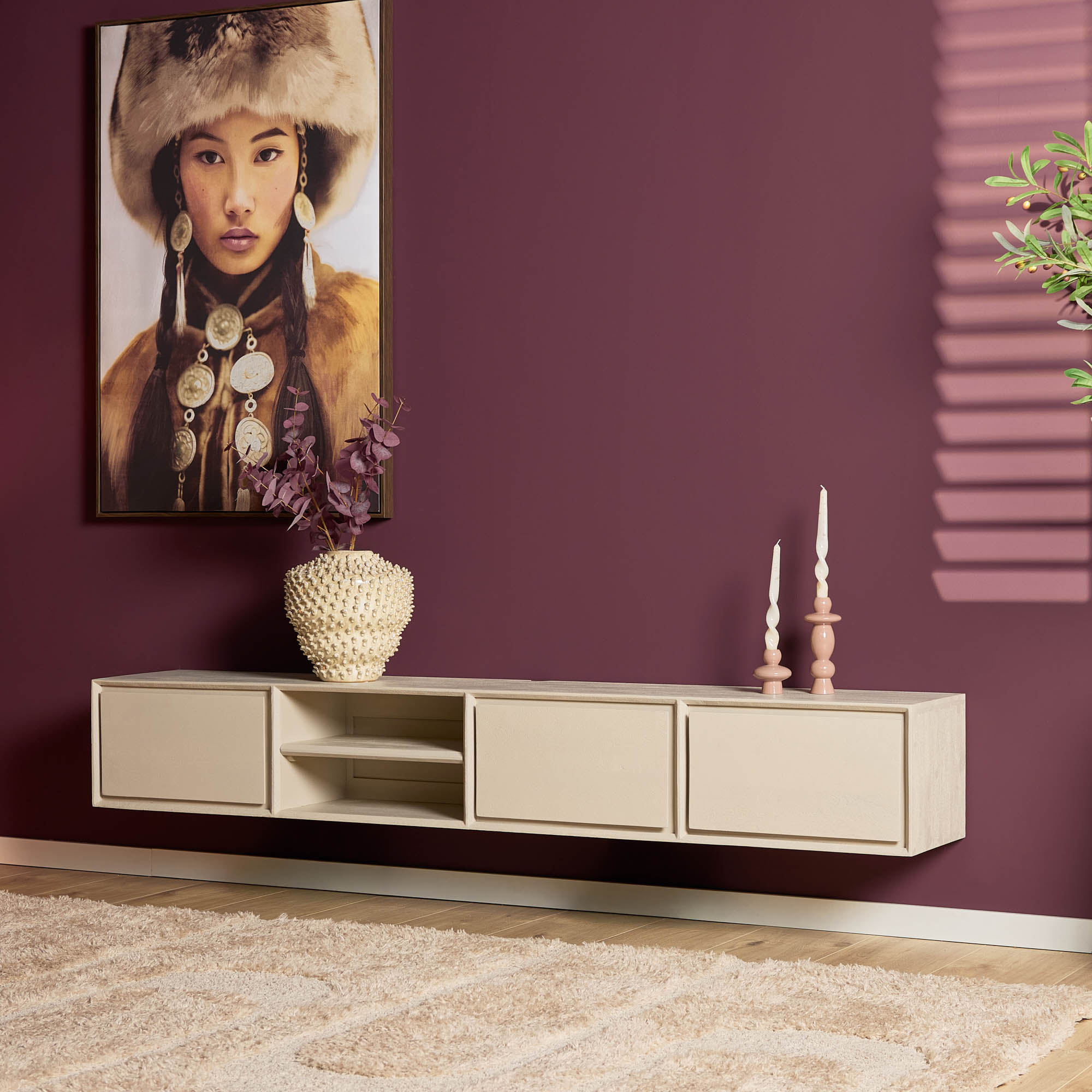 Meuble TV suspendu Ambiance en bois de manguier finition sable – 200 cm – Image 2