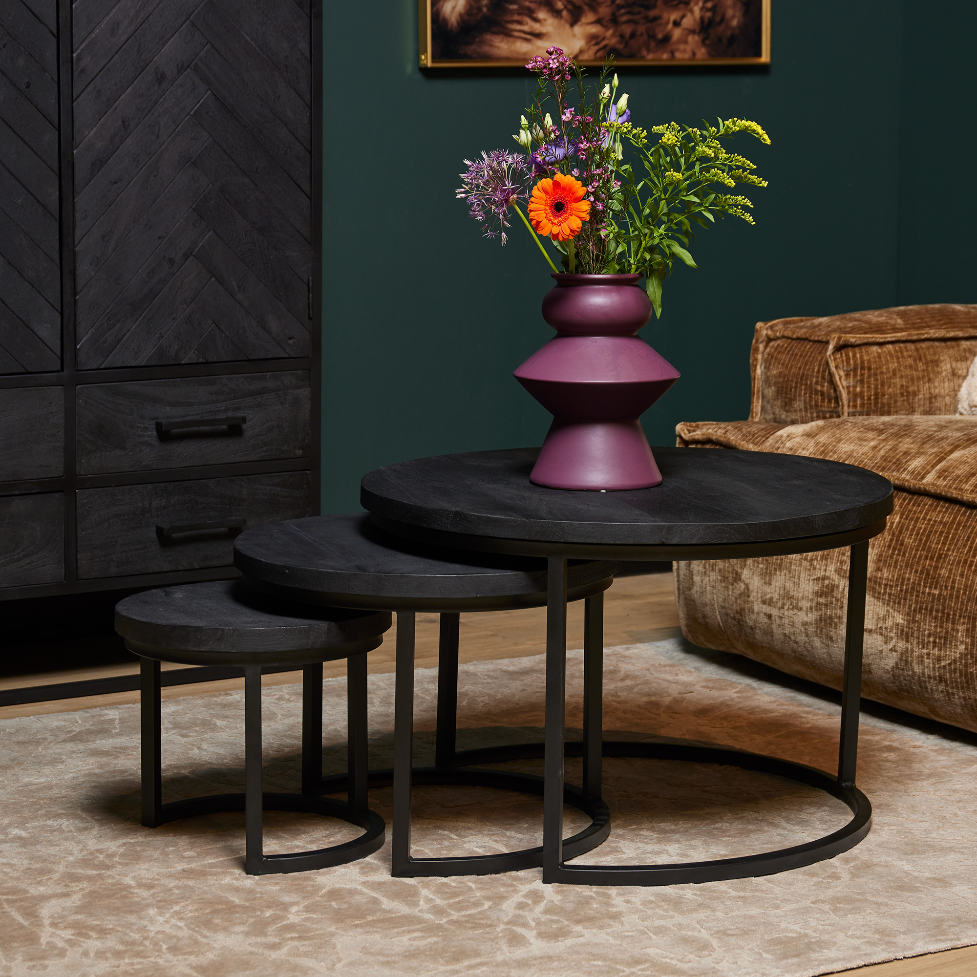 Set de tables basses Triole en bois de manguier noir – 70 cm