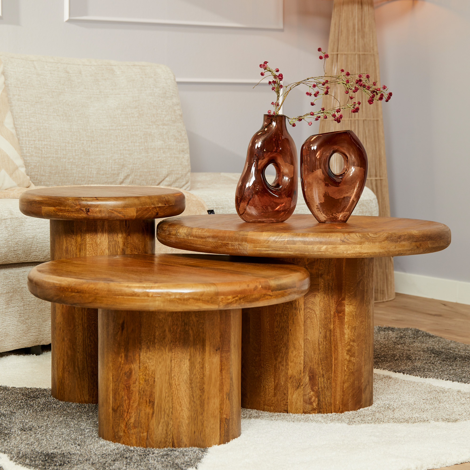 Set de tables basses Maya en bois de manguier naturel – 70 cm