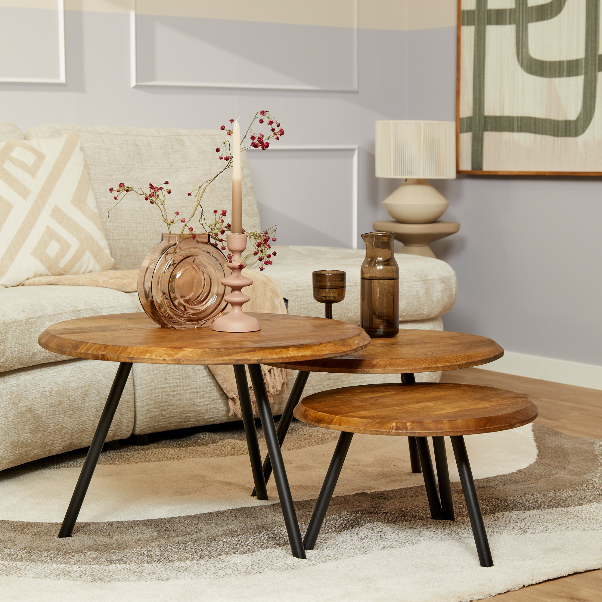 Set de tables basses rondes Ohio en bois de manguier brun – 70 cm