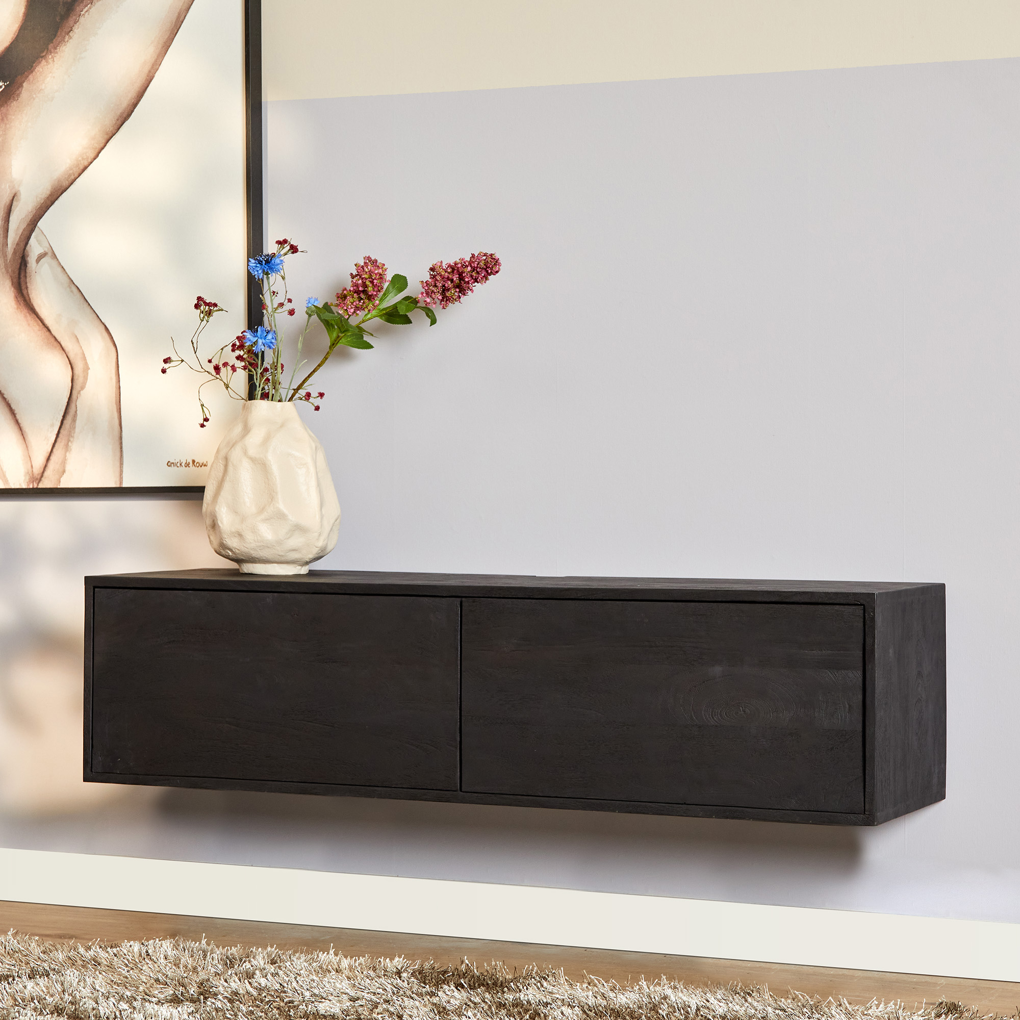 Meuble TV suspendu Vison en bois de manguier noir – 120 cm