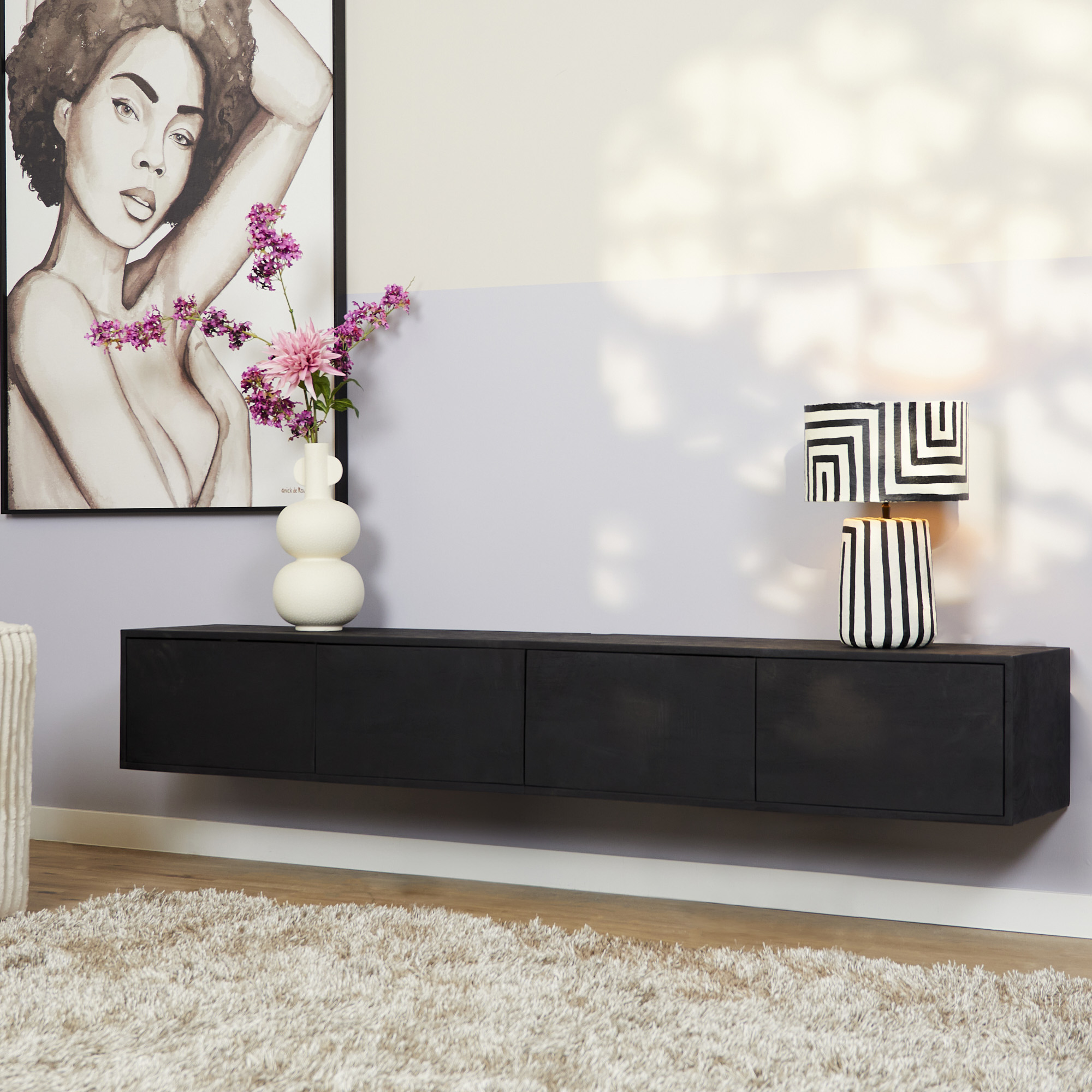 Meuble TV suspendu Vison en bois de manguier noir – 200 cm