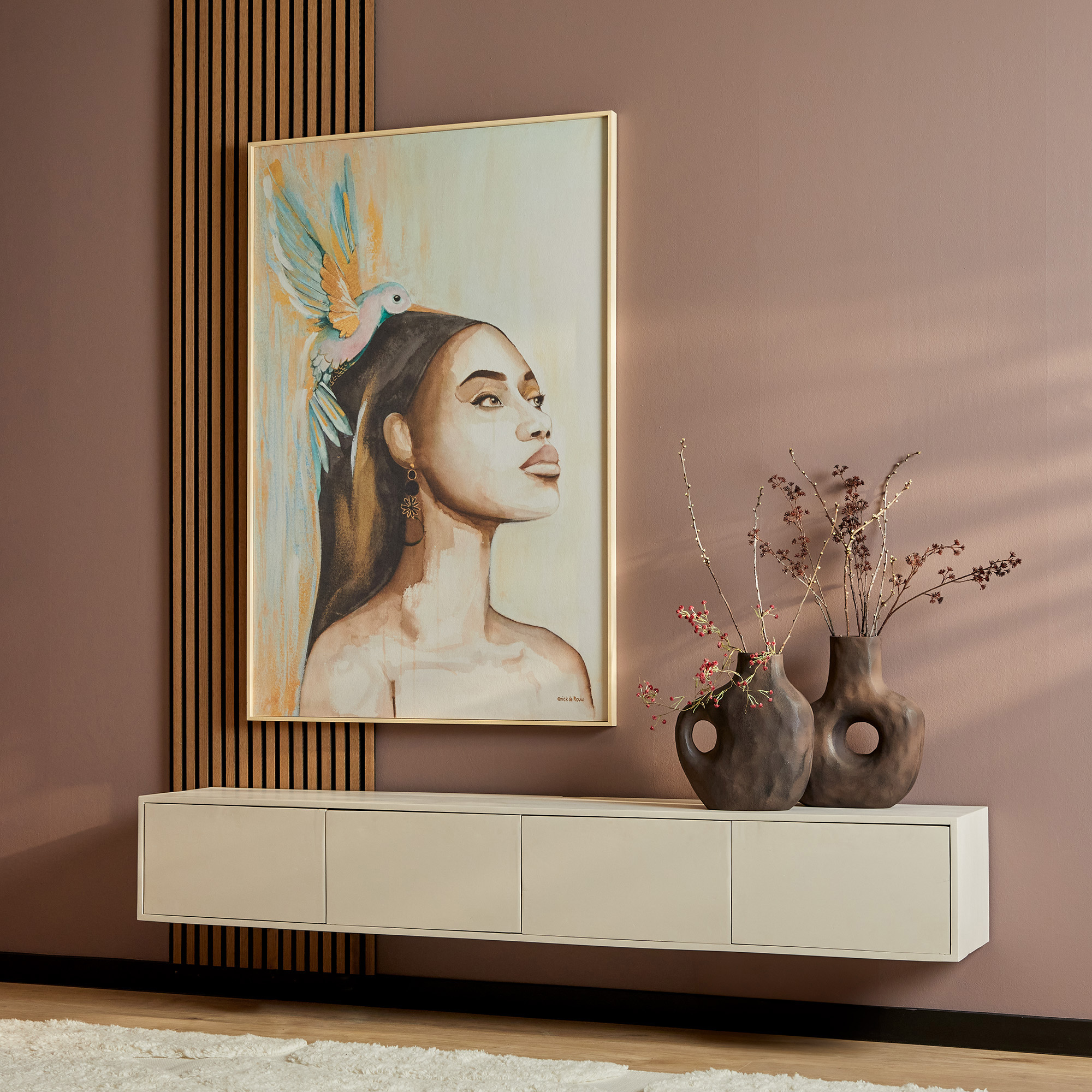 Meuble TV suspendu Vison en bois de manguier finition sable – 200 cm