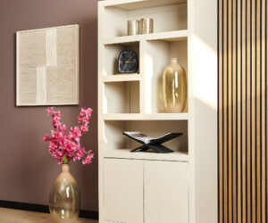 Bibliothèque à compartiments Brussel XL en bois de manguier finition sable – 90 cm