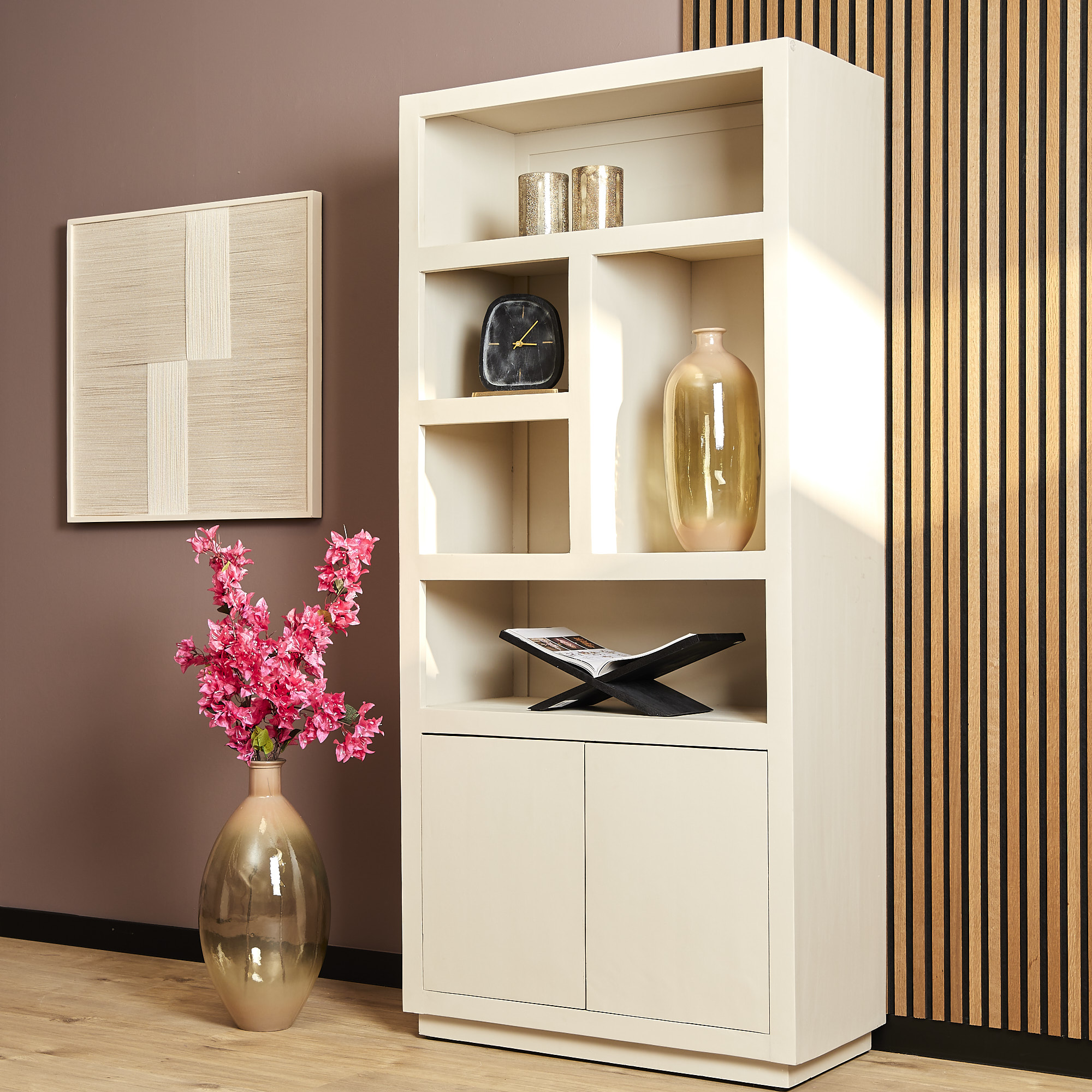 Bibliothèque à compartiments Brussel XL en bois de manguier finition sable – 90 cm