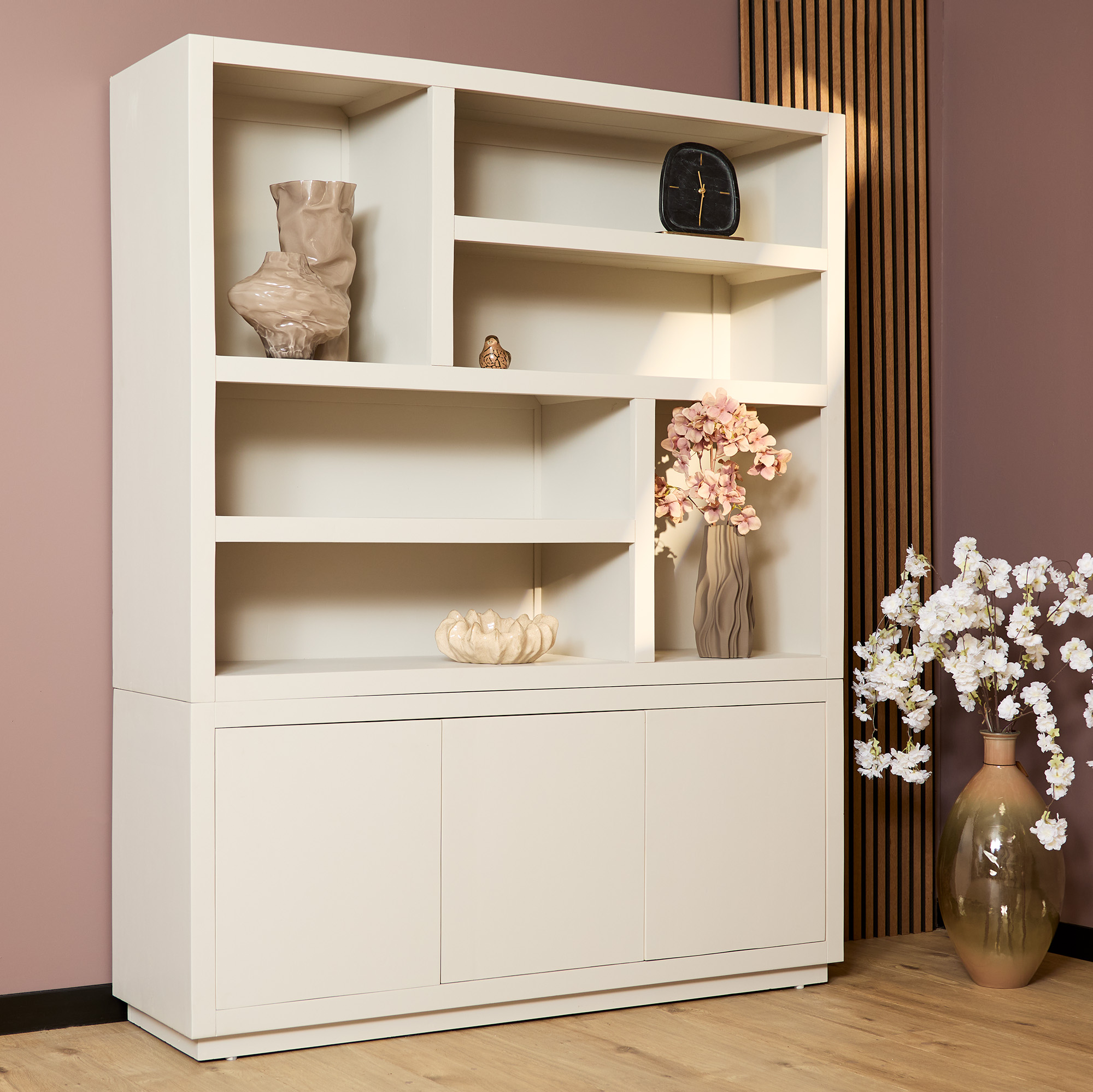 Bibliothèque à compartiments Brussel XL en bois de manguier finition sable – 160 cm