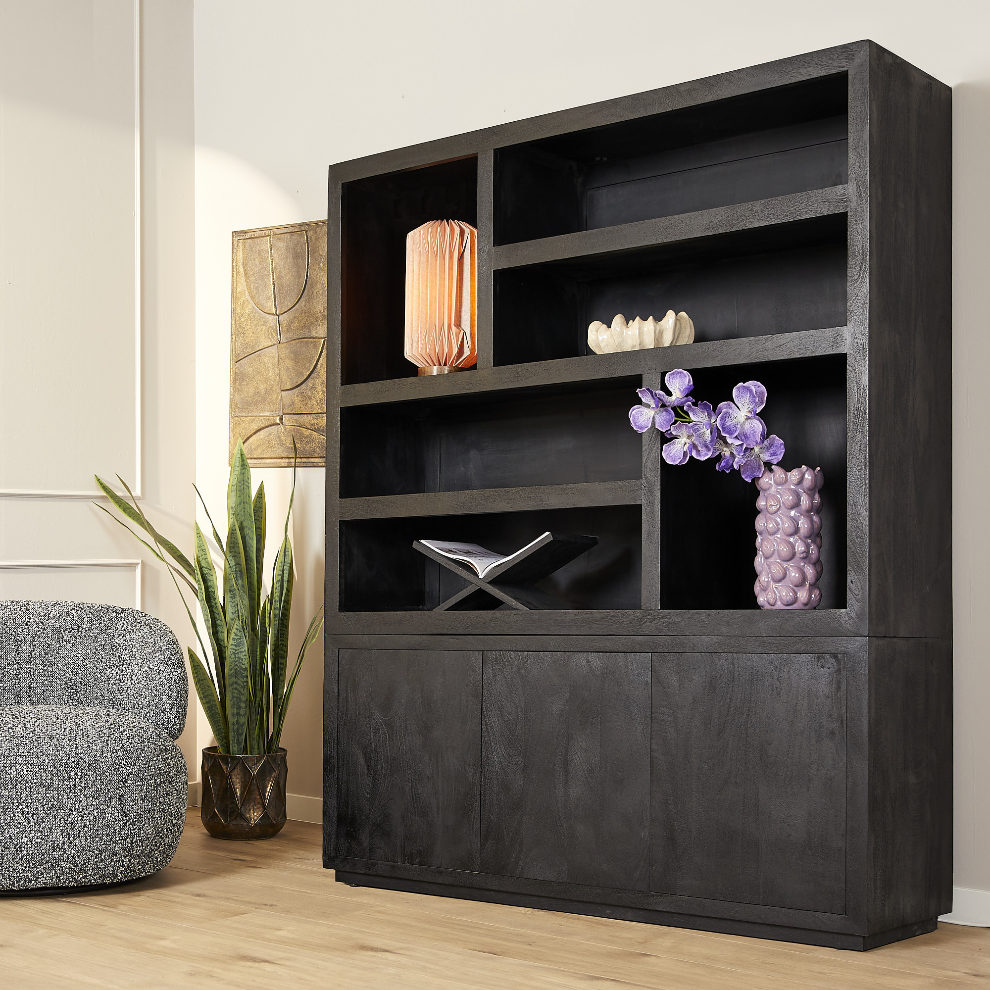 Bibliothèque à compartiments Brussel XL en bois de manguier noir – 160 cm