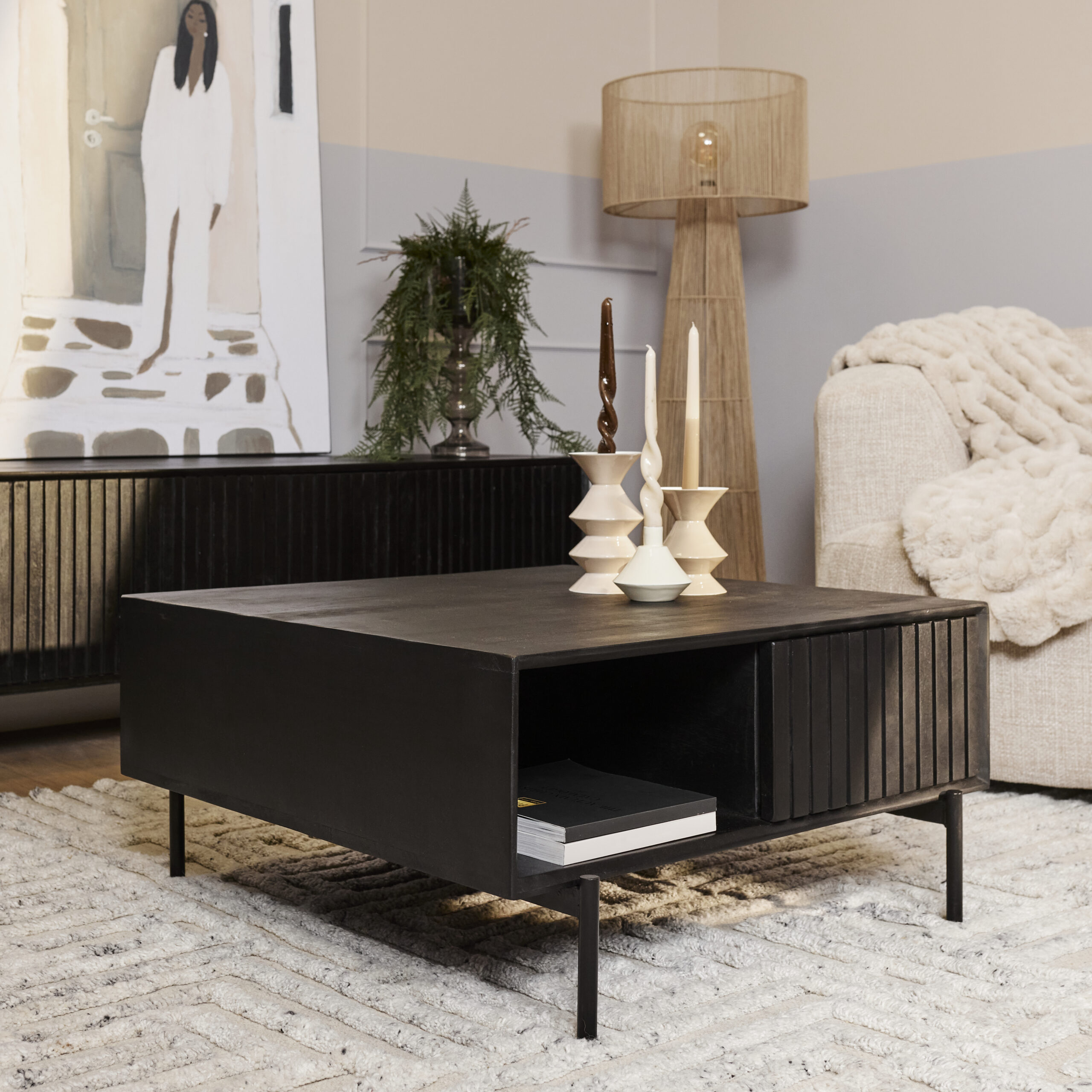 Table basse carrée Madison en bois de manguier noir – 80 cm