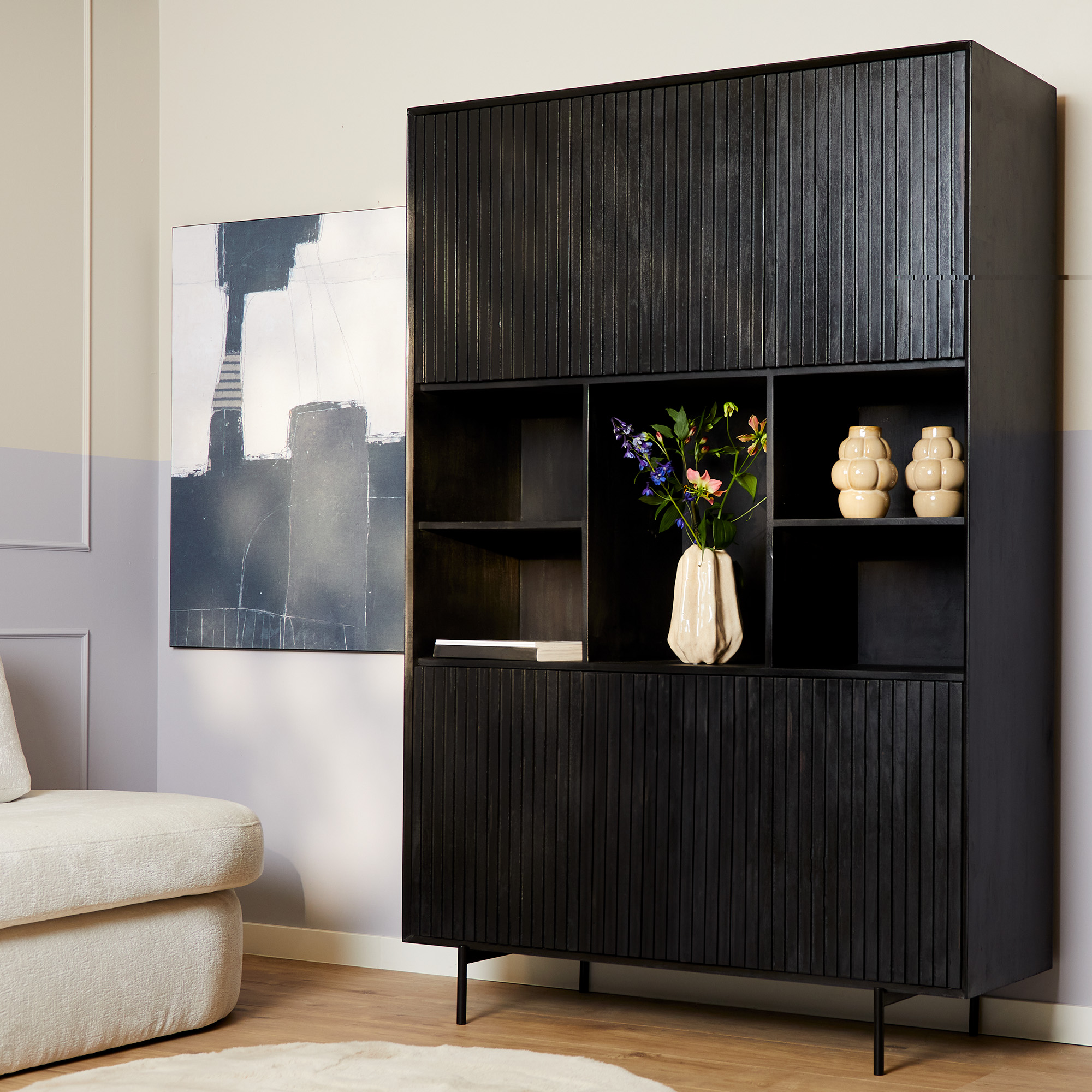 Bibliothèque à compartiments Madison XXL en bois de manguier noir – 135 cm