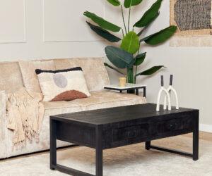 Table basse Boaz avec deux tiroirs en bois de manguier noir – 120 cm